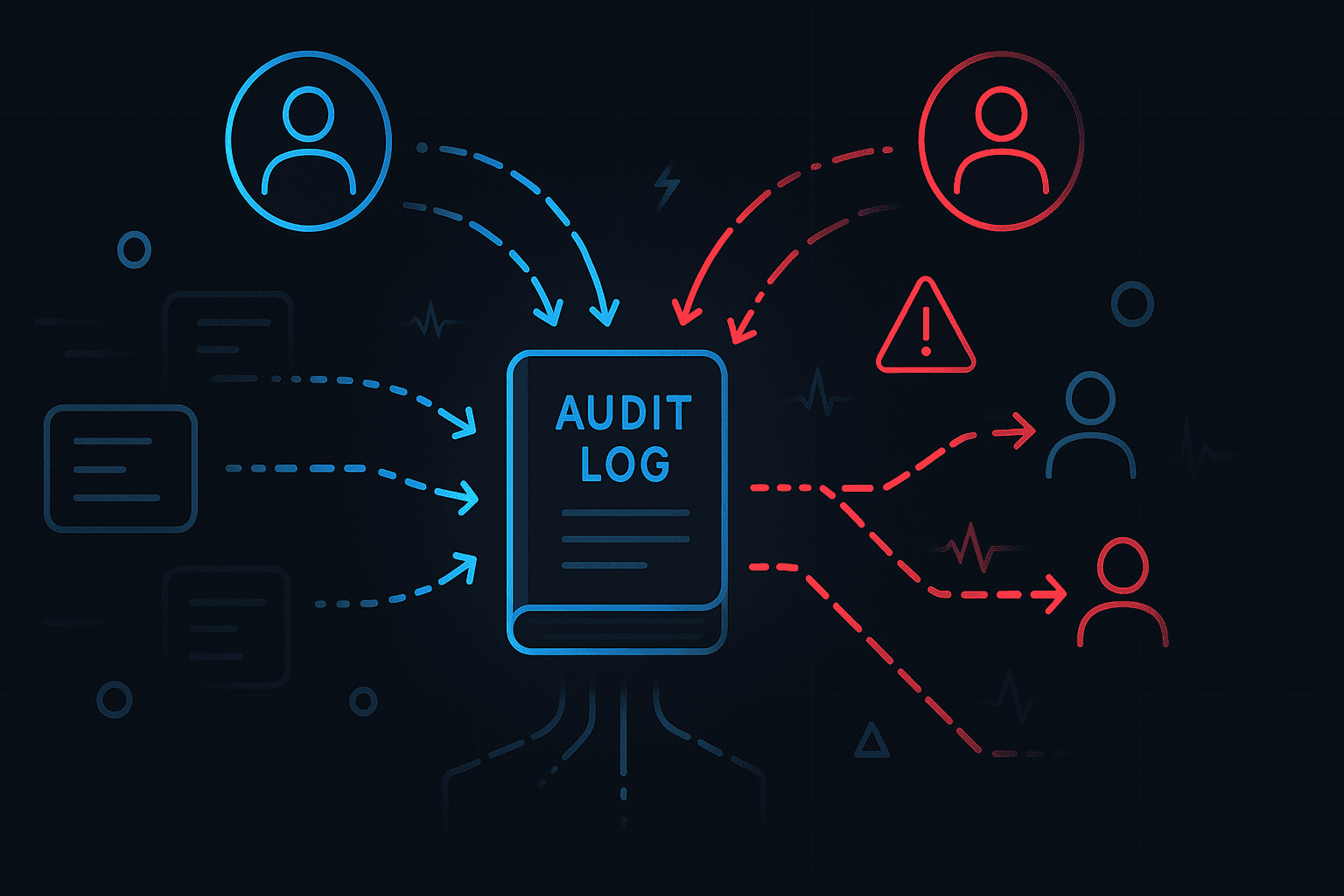 Abstract security illustration showing insider threat detection signals and a digital audit ledger