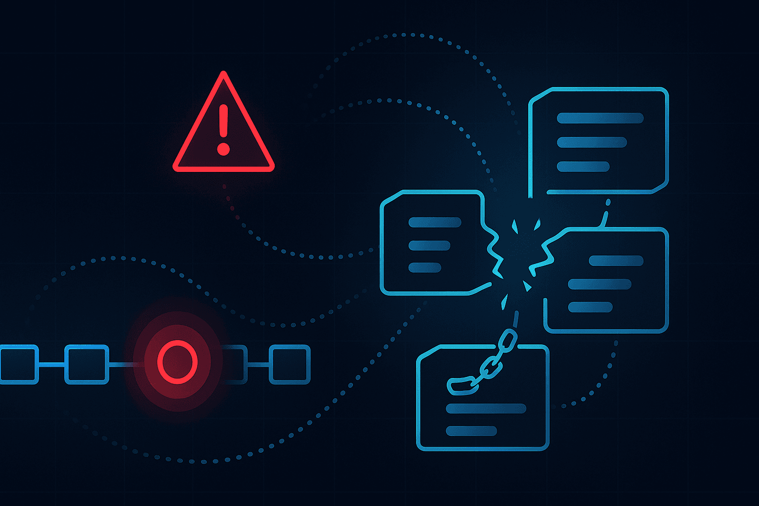Abstract incident response dashboard with broken audit log chains