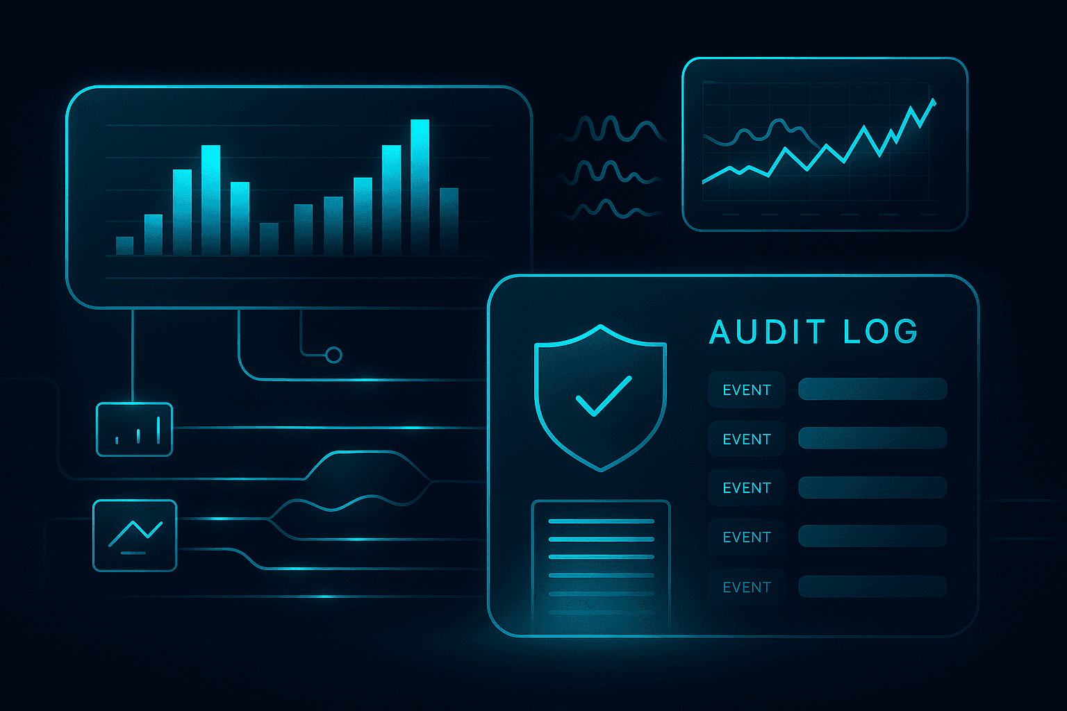 Real-time monitoring dashboard with security alerts and audit log events