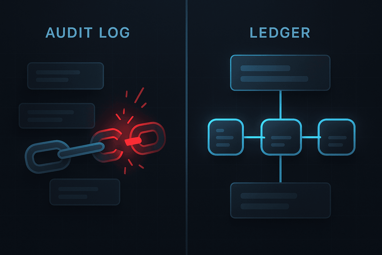 Abstract illustration showing broken audit chain links and corrected immutable ledger design
